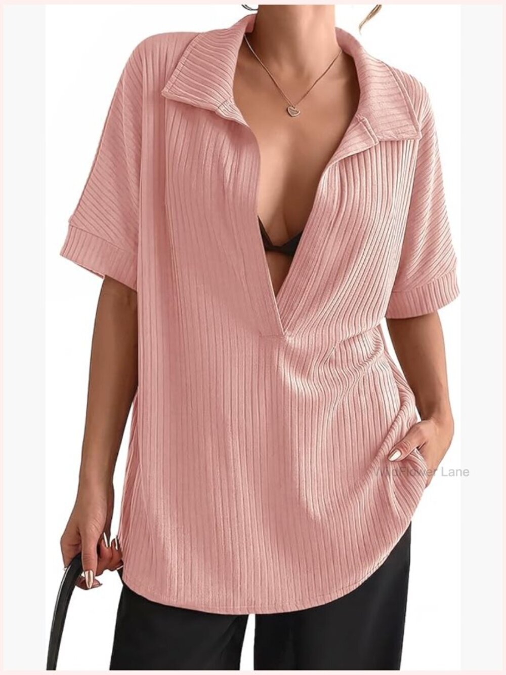 Oversized Deep V Neck Short Sleeve Ribbed Knit Pullover Top